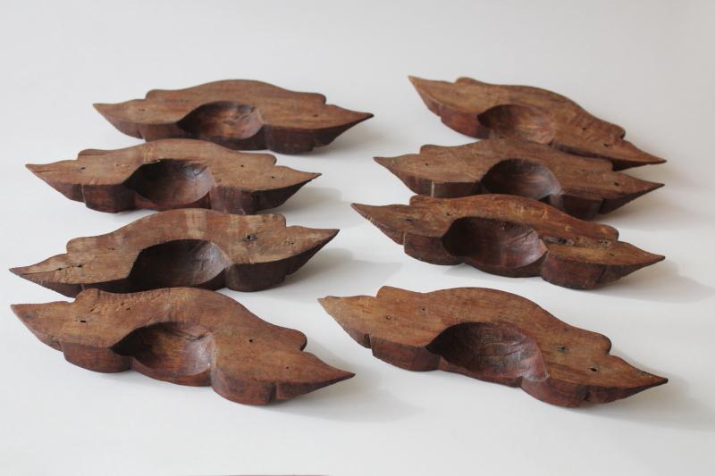 Eastlake antique carved wood bin pull drawer pulls, Adirondack style leaf & acorn