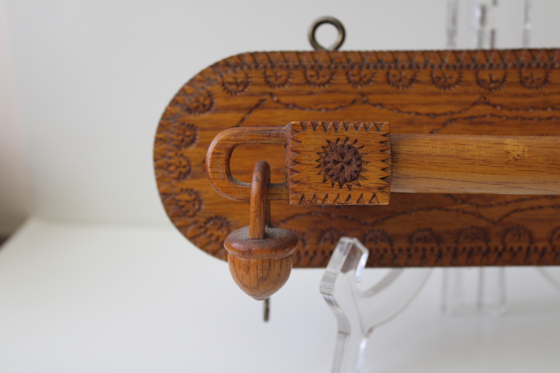 Eastlake antique oak towel bar rack, chip carved wood w/ wooden acorns