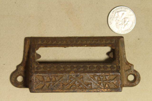 Eastlake vintage cast iron bin style drawer pulls, ornate antique hardware