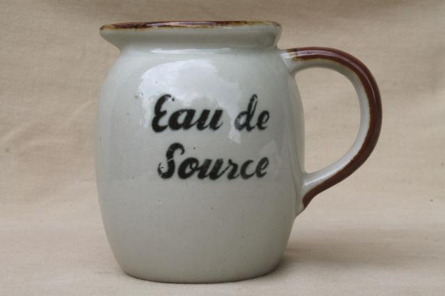 Eau de Source spring water pitcher, vintage French country kitchen stoneware jug