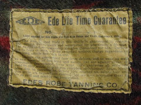 Ede label, antique fur hide / print wool blanket sleigh or buggy robe, vintage 1916