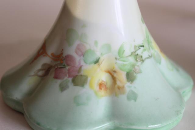 Edwardian vintage china boudoir candlesticks, hand painted yellow rose floral