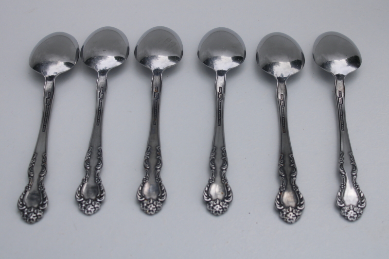 Ekco Eterna Beaumont vintage Japan stainless flatware, large soup spoons ornate place spoons