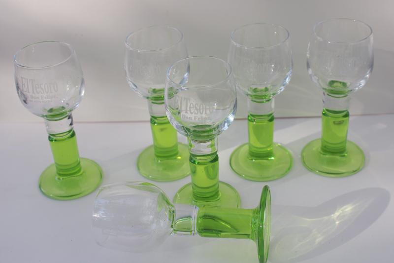 El Tesoro tequila glasses set of six, vintage bar glassware w/ advertising