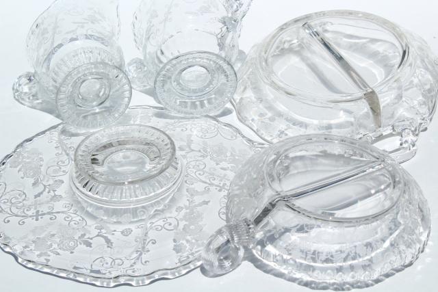 Elaine etch Cambridge gadroon pattern glass serving pieces, vintage elegant glass