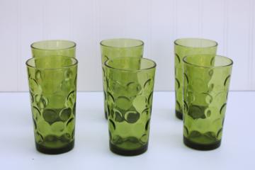 Eldorado dots coin spot pattern drinking glasses, 60s 70s vintage avocado green glass tumblers