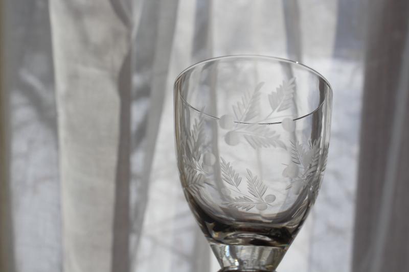 Electra Arcadia vintage crystal wine glasses, wheel cut etched fern & berry pattern