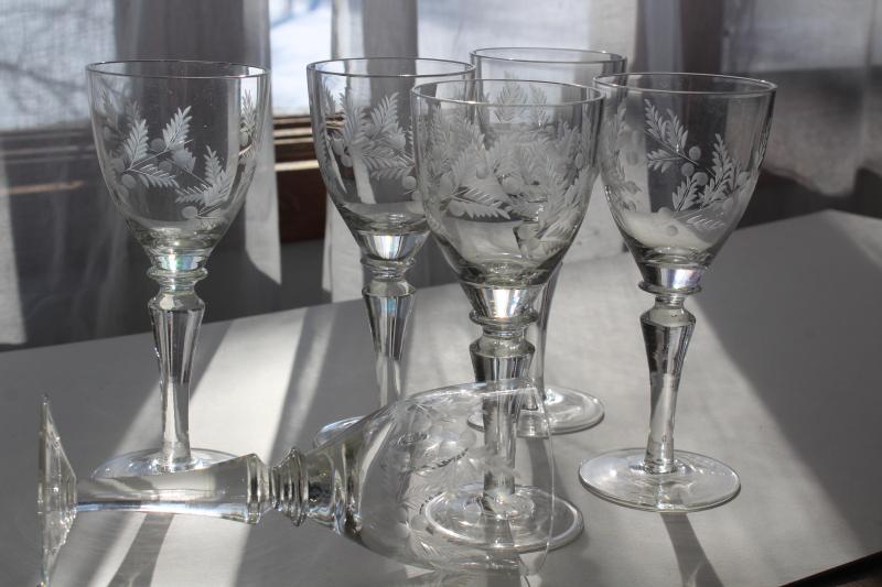 Electra Arcadia vintage crystal wine glasses, wheel cut etched fern & berry pattern