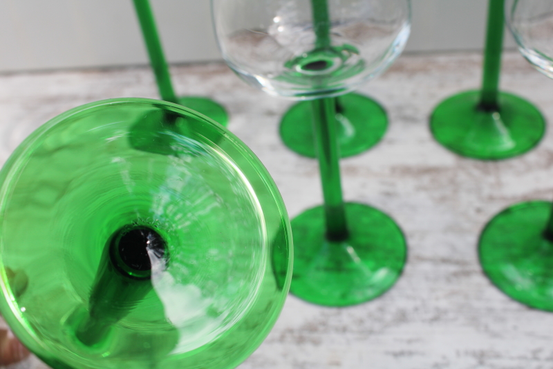Emerald green stem clear bowl Rhine wine glasses set vintage Cristal dArques France