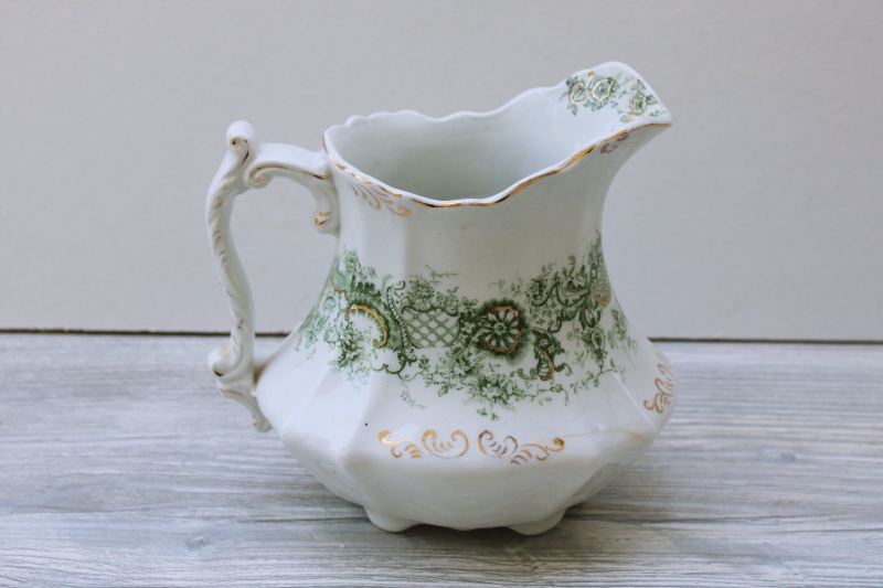 Emerald green transferware antique Waterloo Potteries pitcher, Victorian vintage English ironstone china