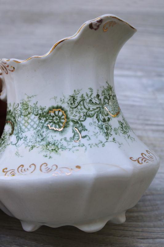 Emerald green transferware antique Waterloo Potteries pitcher, Victorian vintage English ironstone china