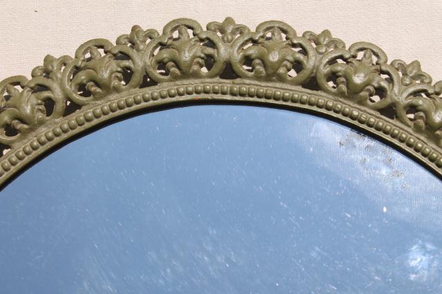 Emig vintage cast iron mirror tray frame, ornate metal w/ old green paint patina