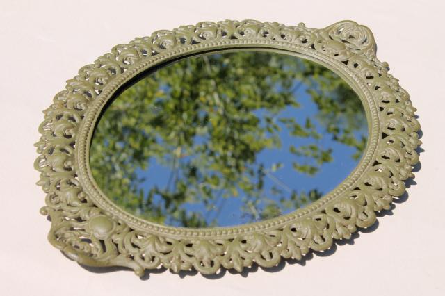Emig vintage cast iron mirror tray frame, ornate metal w/ old green paint patina