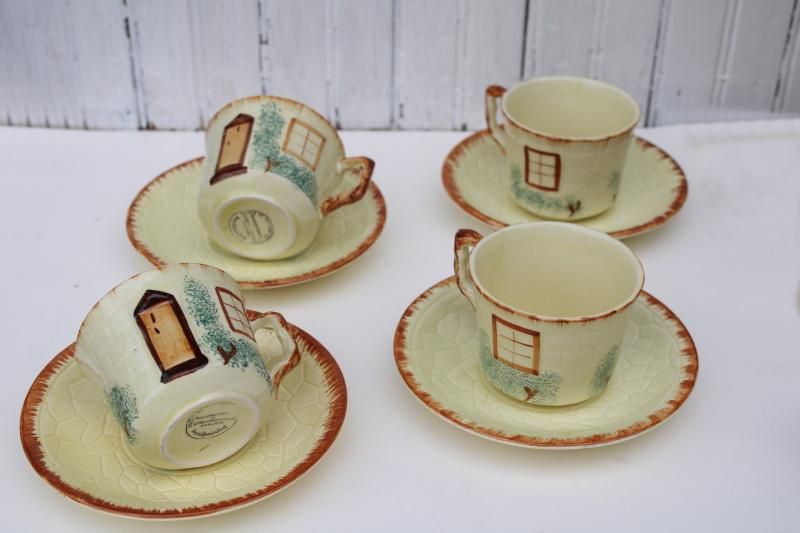 English Staffordshire Tudor thatched cottage ware tea cups & saucers, vintage Keele St pottery