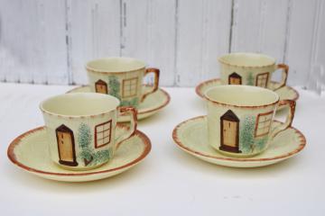 English Staffordshire Tudor thatched cottage ware tea cups & saucers, vintage Keele St pottery