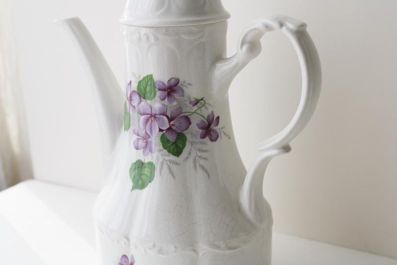 English Violets vintage J&G Meakin England china coffee pot, purple violet floral