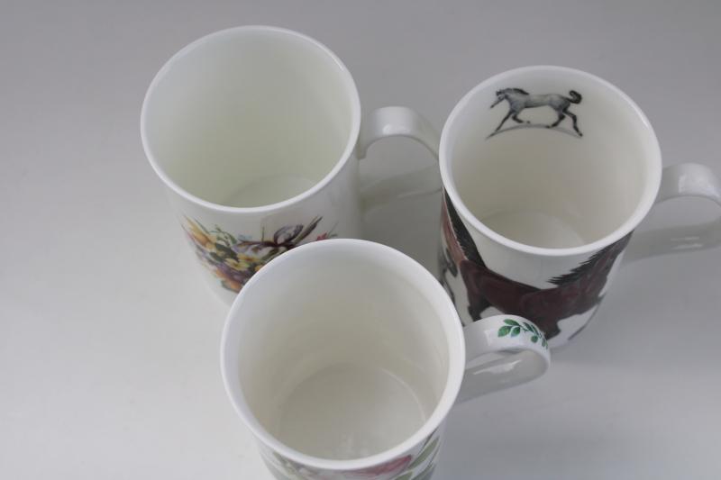 English bone china tea mugs or coffee cups, vintage florals, horses print