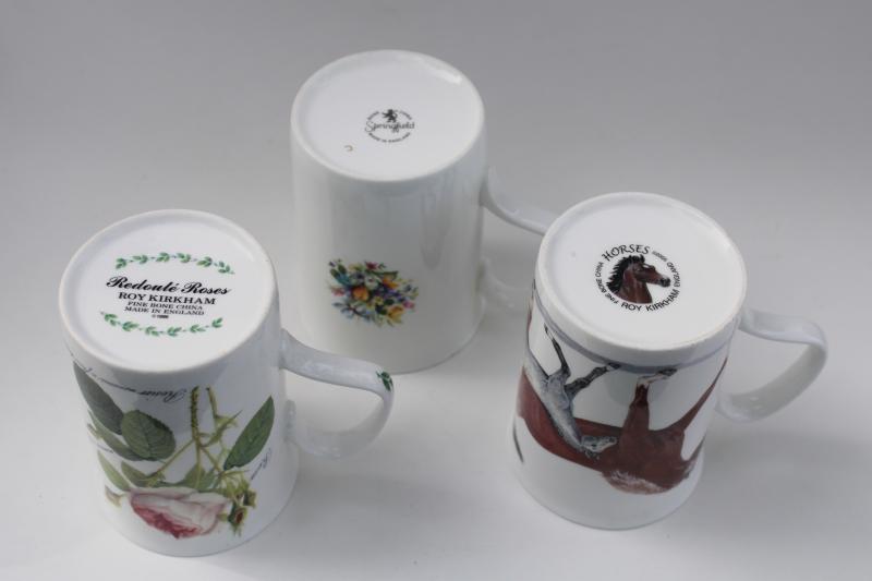 English bone china tea mugs or coffee cups, vintage florals, horses print