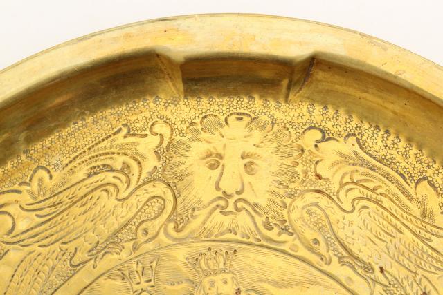 English brass tray w/ Neptune king of the ocean, vintage wall hanging charger plate