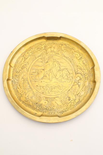 English brass tray w/ Neptune king of the ocean, vintage wall hanging charger plate
