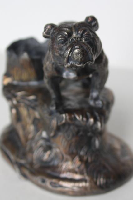 English bulldog antique cast metal inkwell pen holder, spelter w/ bronze finish