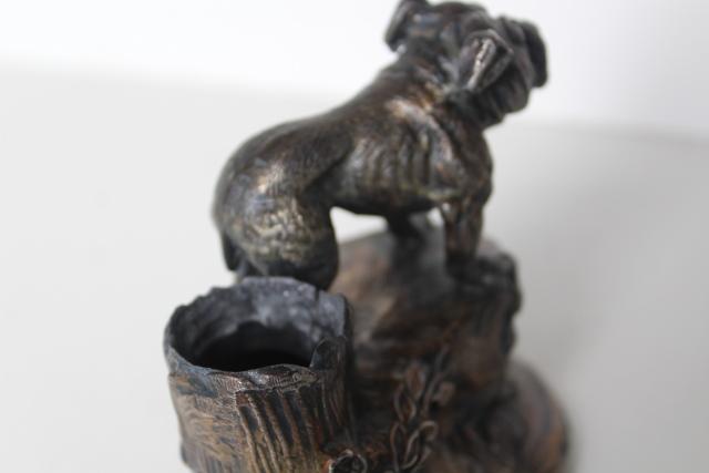 English bulldog antique cast metal inkwell pen holder, spelter w/ bronze finish