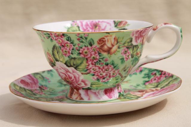 English chintz china teacup & saucer, Edwardian collection England tea cup set pink & green