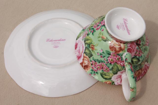 English chintz china teacup & saucer, Edwardian collection England tea cup set pink & green
