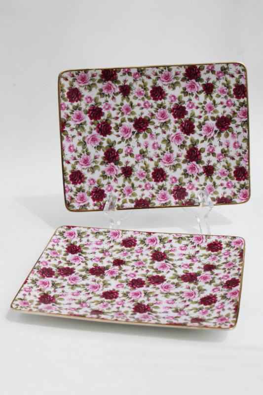 English chintz china trays or small plates w/ pink roses, vintage Polish pottery