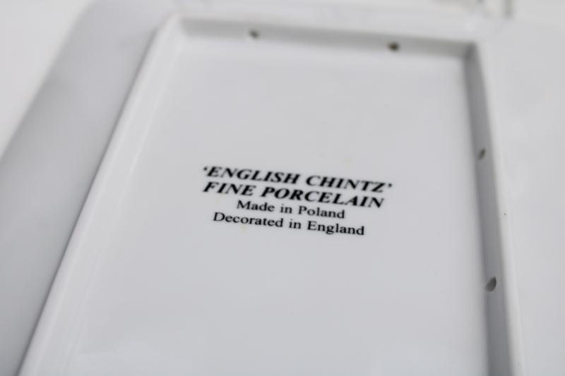 English chintz china trays or small plates w/ pink roses, vintage Polish pottery