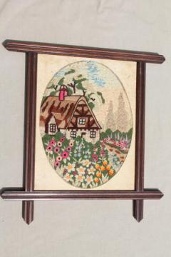 English cottage garden wool crewel work embroidered picture in rustic vintage wood frame