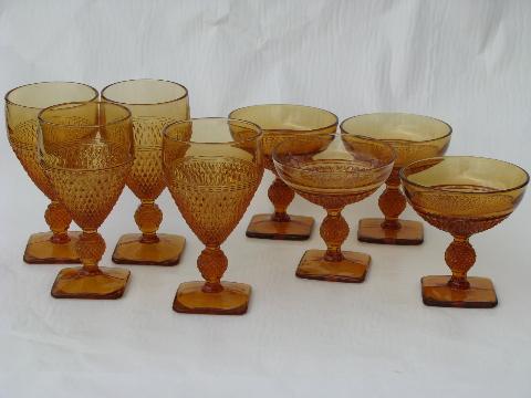 English hobnail diamond point pressed pattern goblets, amber glass
