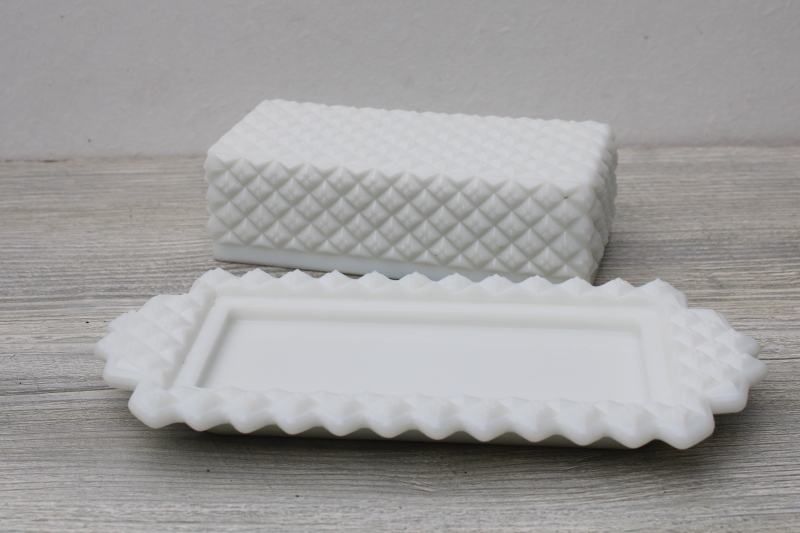English hobnail vintage Westmoreland milk glass covered butter dish, plate w/ cover