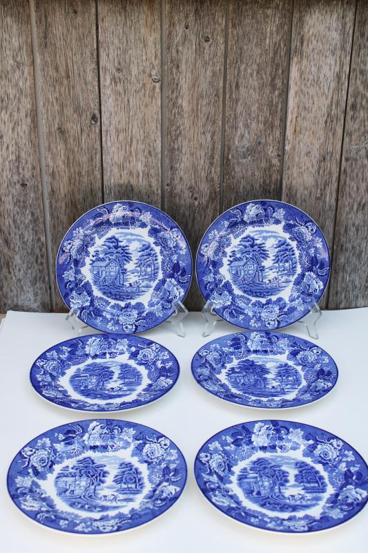 English scenery vintage blue & white transferware china salad plates set of 6