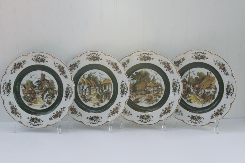 English thatched cottages ironstone dinner plates each different, vintage Wood Sons Ascot service plates