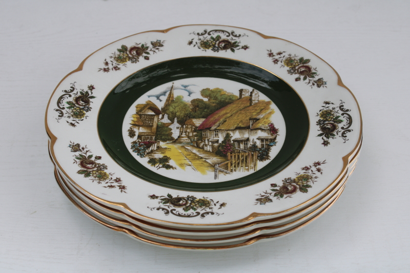 English thatched cottages ironstone dinner plates each different, vintage Wood Sons Ascot service plates