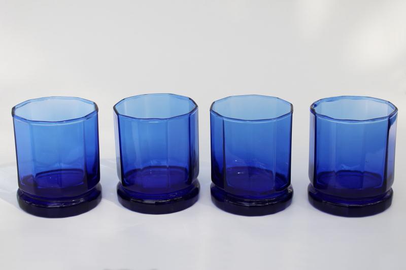 Essex Anchor Hocking cobalt blue glass tumblers, double old fashioned drinking glasses 