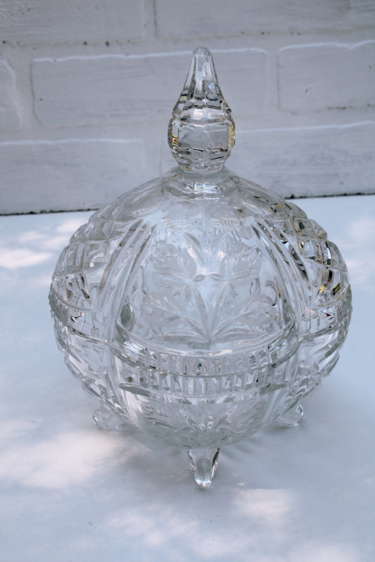 European lead crystal candy dish w/ lid 1980s 1990s vintage, covered jar cut glass style