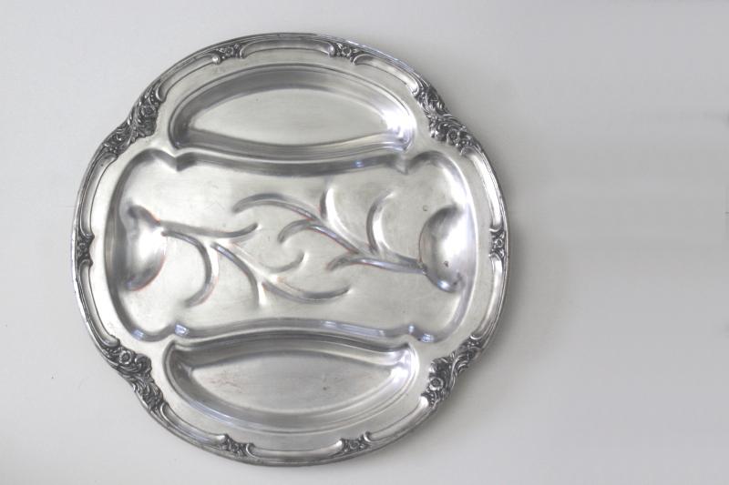 F B Rogers 1880s vintage silver on copper meat tray, round platter w/ drippings well