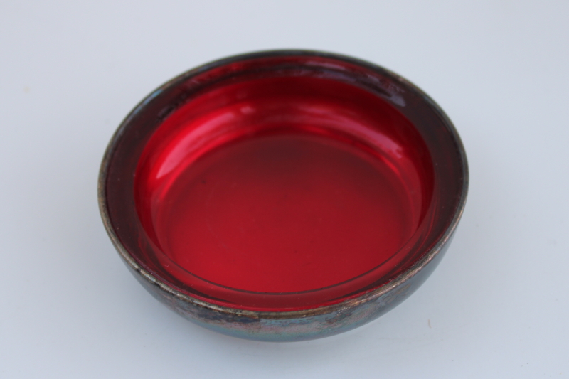 F B Rogers silver plate ruby glass coaster or trinket dish, tarnished silver
