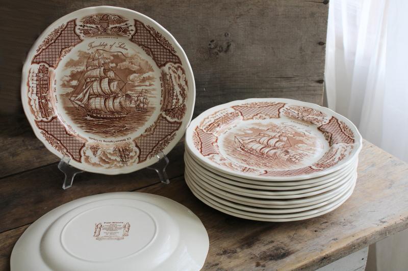 Fair Winds tall ships sailing, vintage brown transferware china dinner plates set of 12