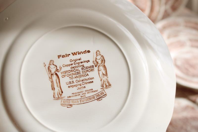 Fair Winds tall ships sailing, vintage brown transferware china salad plates set of 12