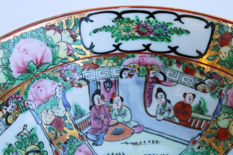 Famille rose medallion style china bowl hand painted figures & flowers w/ gold vintage Hong Kong Japanese porcelain