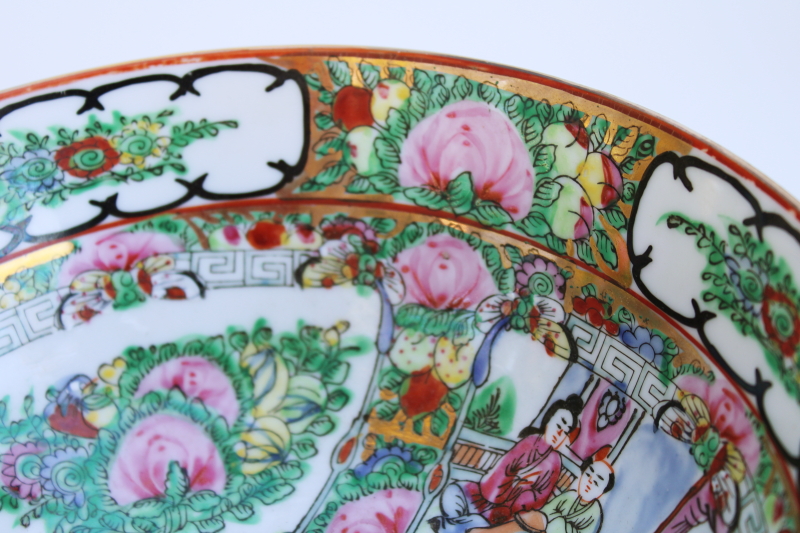 Famille rose medallion style china bowl hand painted figures & flowers w/ gold vintage Hong Kong Japanese porcelain