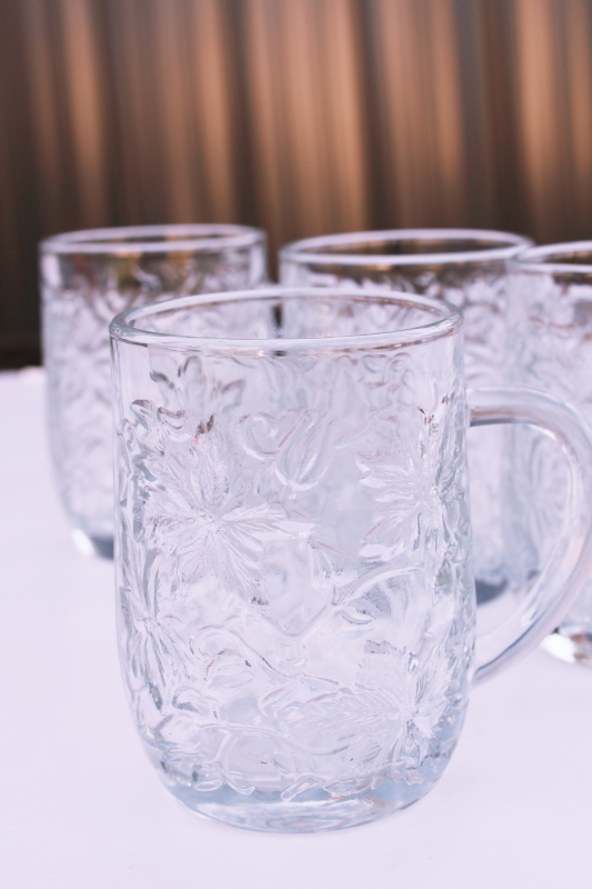 Vintage Clear Glass Coffee Mugs, Pressed Glass Mugs, Set of Four