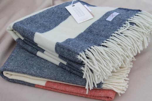 Faribault wool camp blanket throws, fringed wool blankets in cream white, red & blue 