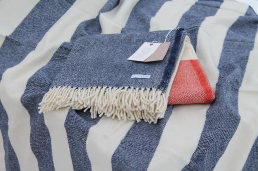 Faribault wool camp blanket throws, fringed wool blankets in cream white, red & blue 