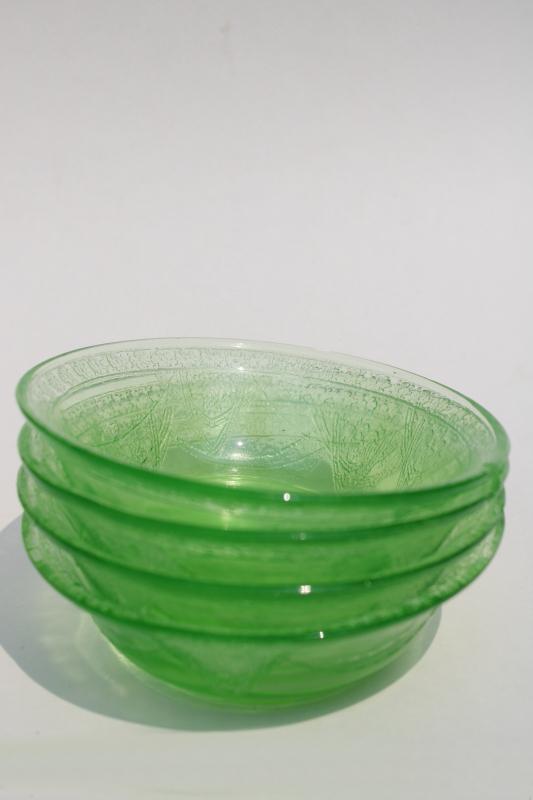 Federal Georgian green depression glass, vintage set of berry dishes or fruit bowls