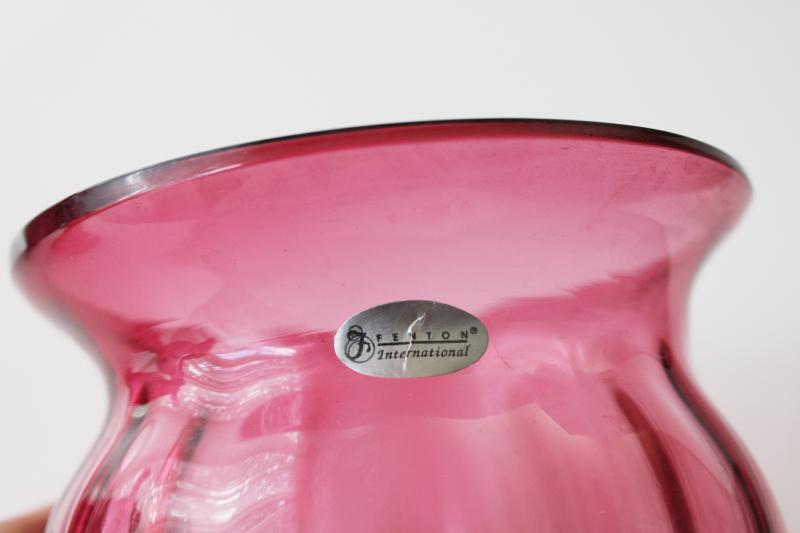 Fenton International hand blown cranberry glass vase w/ original label 00s vintage