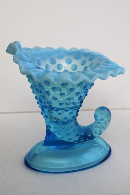 Fenton blue opalescent hobnail glass horn of plenty vase or candle holder